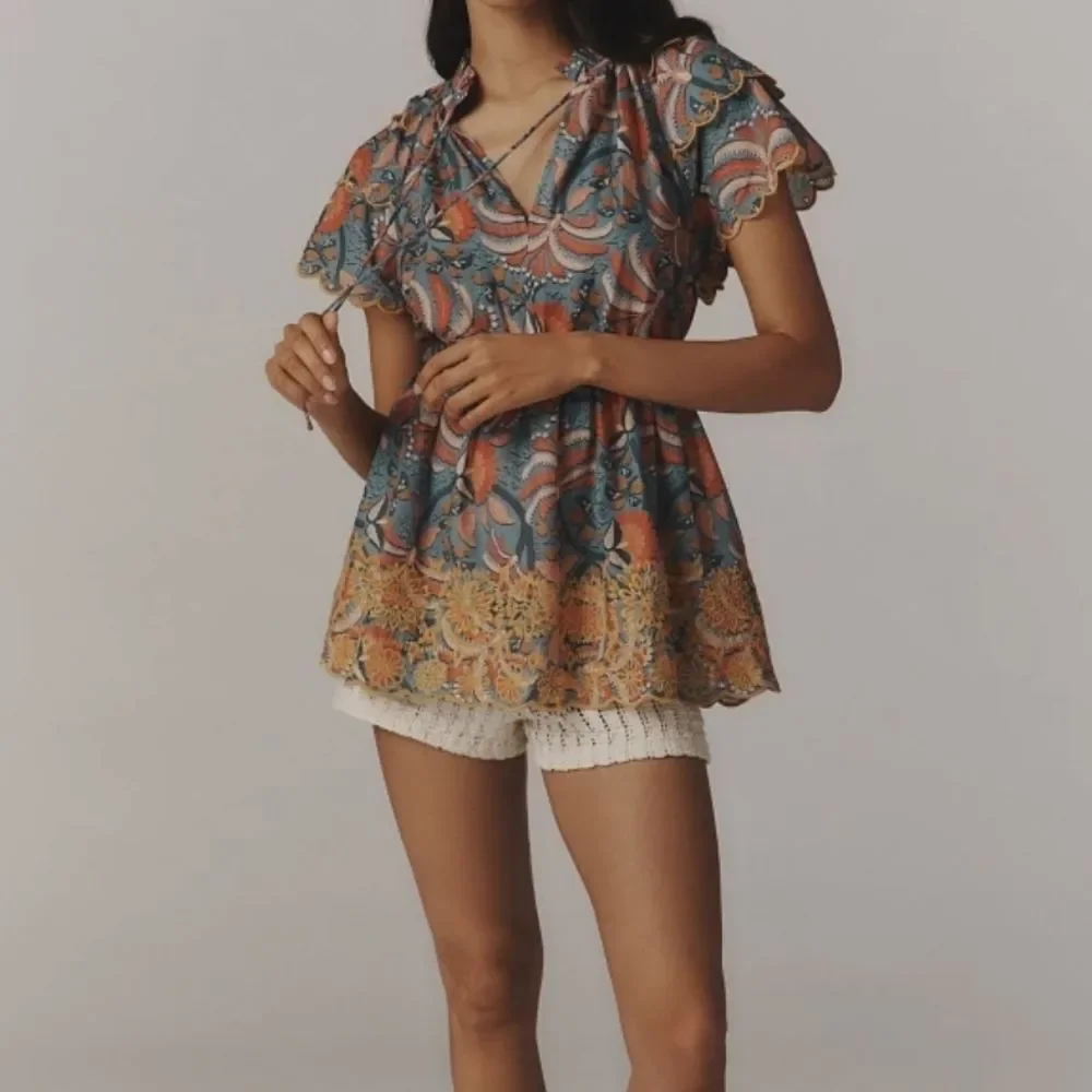 Farm Rio Floral Blouse Size XS Ruffled Sleeves Boho Embroidered Chic Feminine